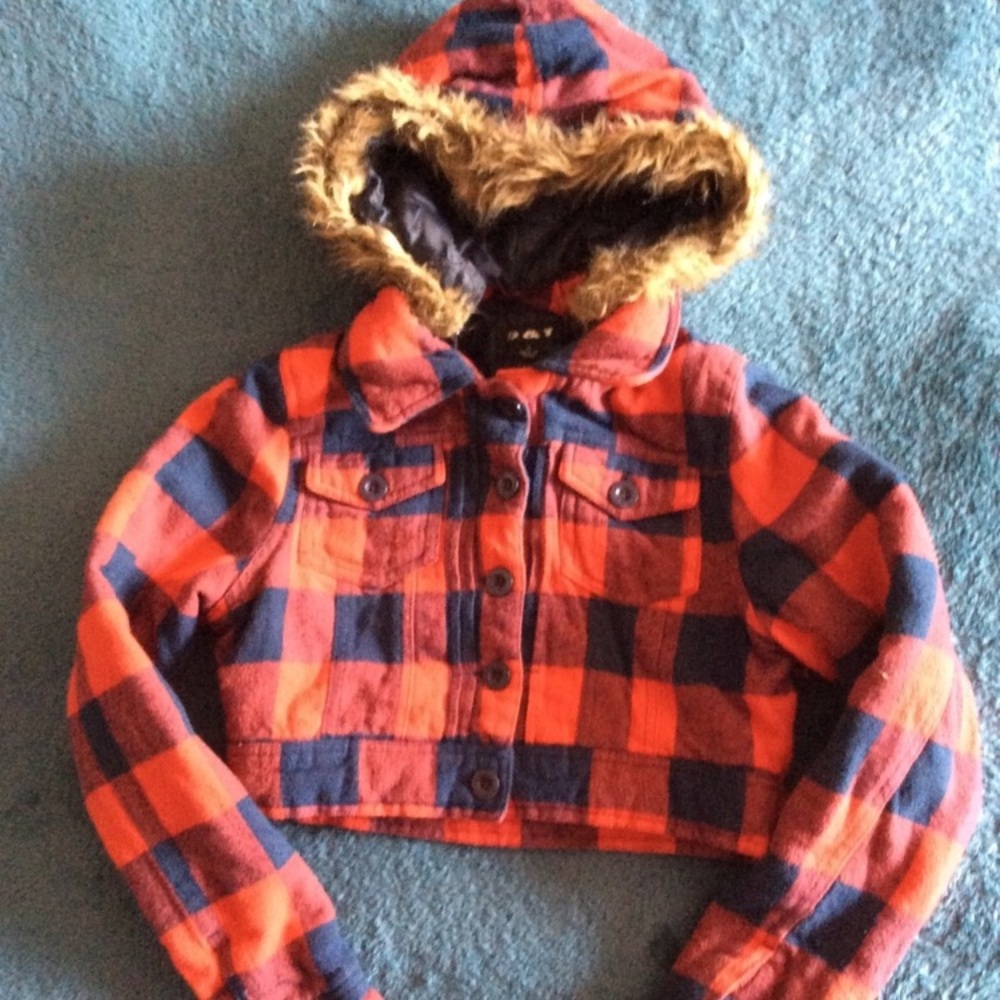 D&T Y2K buffalo cotton red plaid cropped Fall quilted faux fur hooded jacket